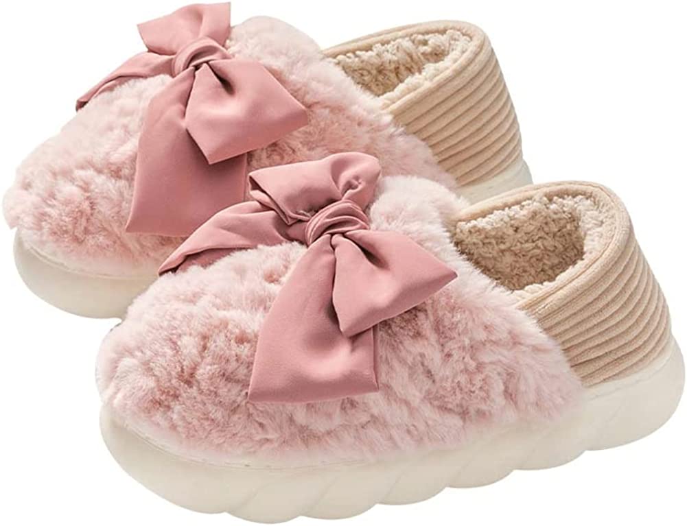DanceeMangoo Women Elegant Cute Bow Fluffy Fur Warm Soft House Shoes