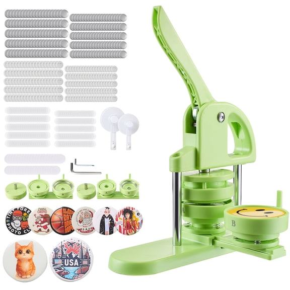 VEVOR Button Maker Machine, 2.28/2.95 inch 2-in-1, Plastic Pin Maker with 200 pcs Button Parts, Circle Cutter and Magic Book, Reinforced Ergonomic Handle, for DIY Badges, Personalized Pins, Green