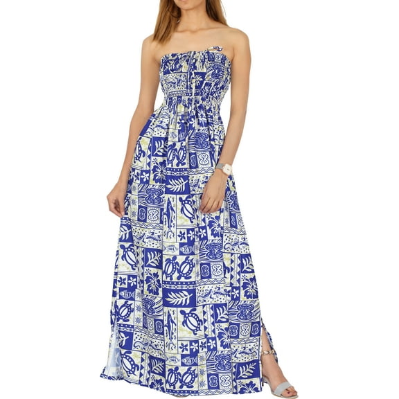 HAPPY BAY Women's Summer A-Line Maxi Beach Dress Boho Smocked Top Evening Long Strapless Tube Dresses for Women One Size Sapphire, Tropical