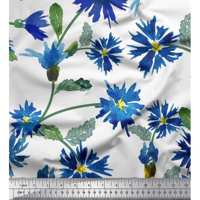 Soimoi Poly Georgette Fabric Leaves & Aster Flower Decor Fabric Printed Yard 52 Inch Wide