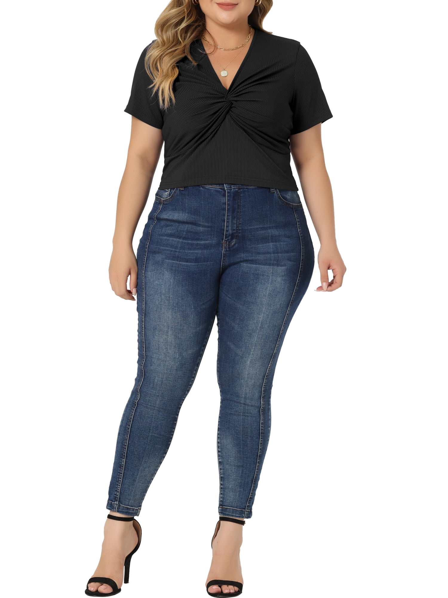 Women's Plus Size Twist Front V Neck Ribbed Short Sleeve Casual Solid Blouses Black 4X
