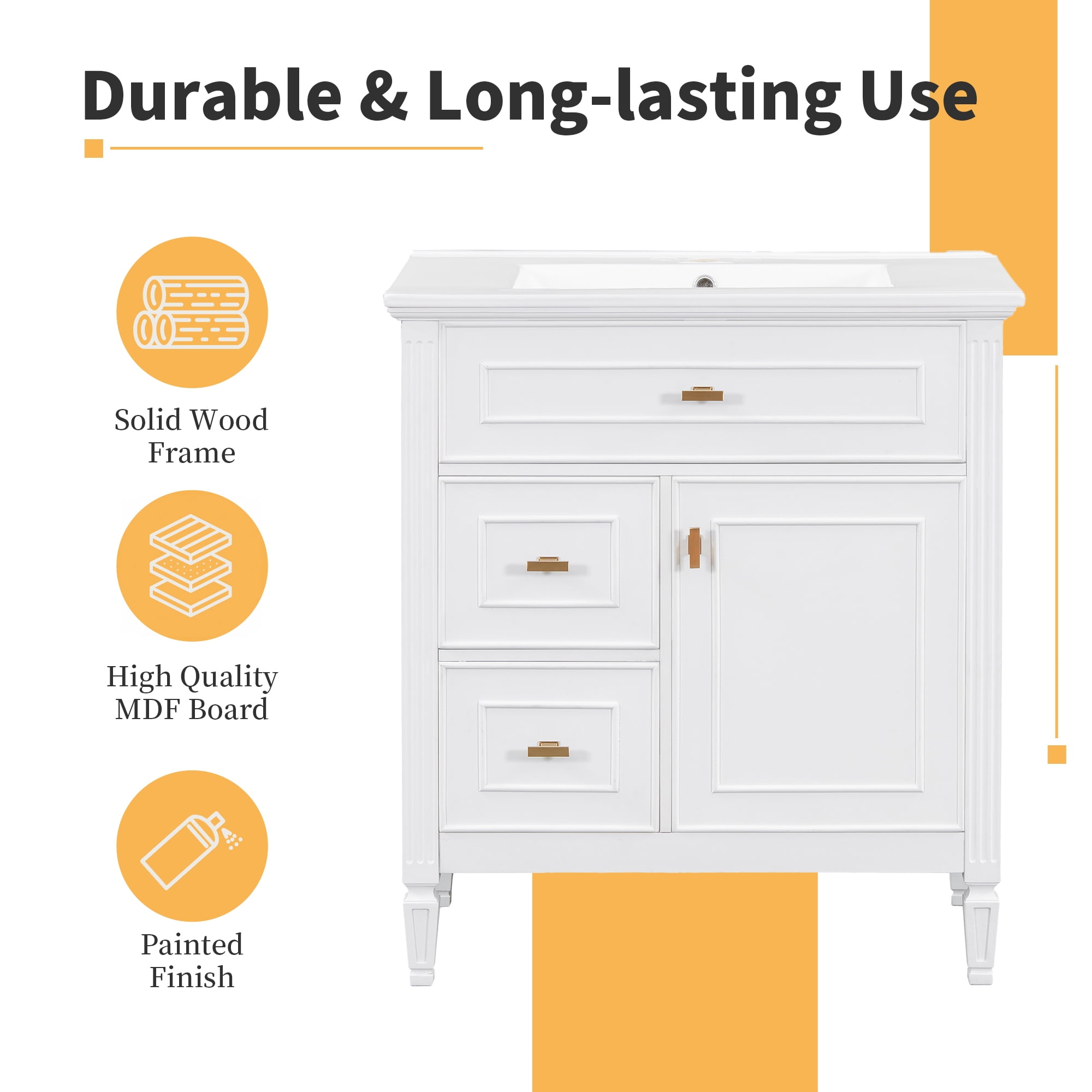 Aukfa 30" Bathroom Vanity with Sink,Modern Bathroom Sink Cabinet for Small Spaces,Ceramic Top & Flip Drawer,White