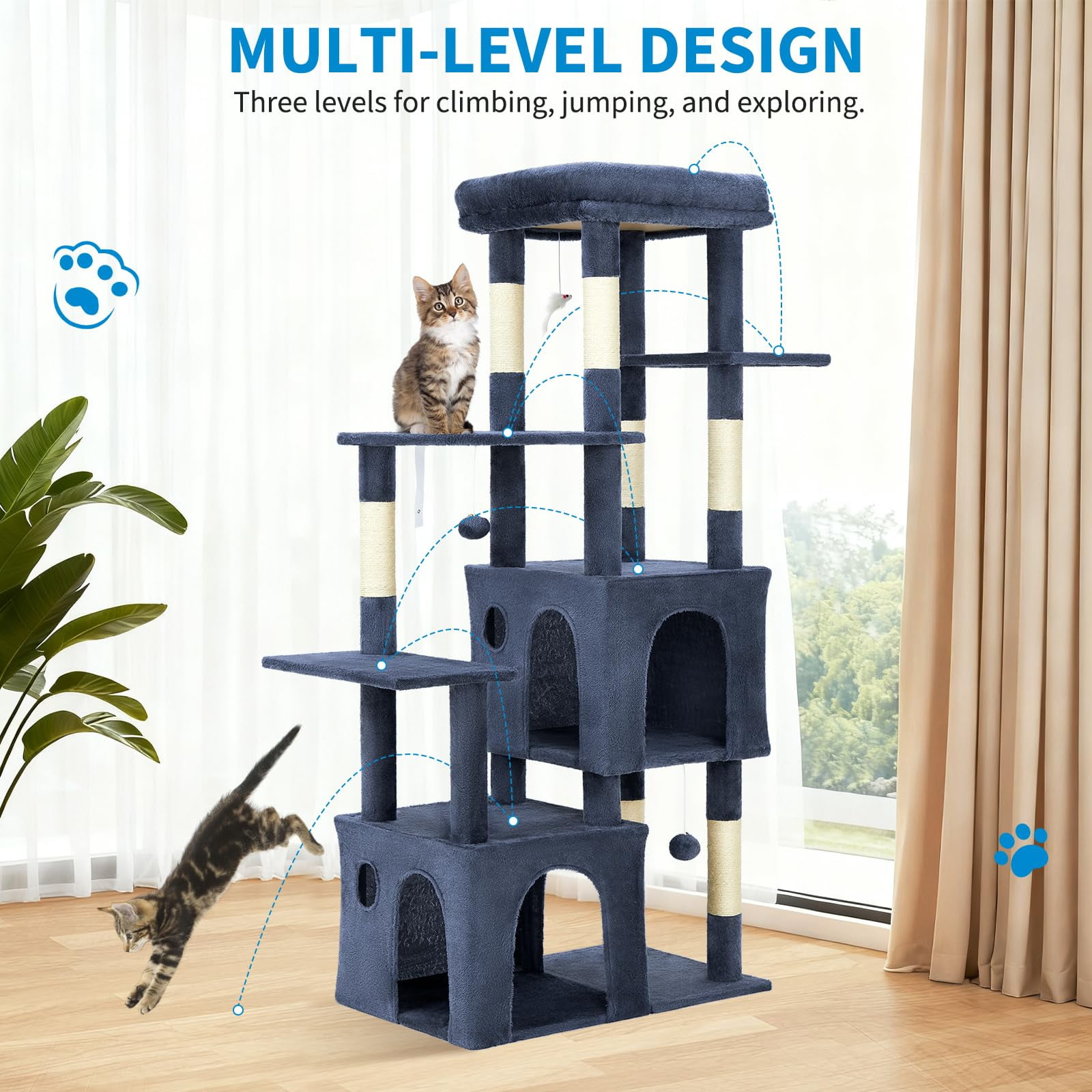 61" Heavy-Duty Cat Tree for Large Indoor Cats & Maine Coons – Multi-Level with Extra-Large Perch, 2 Spacious Condos, Sisal Scratching Posts & Interactive Toys – Stable Base