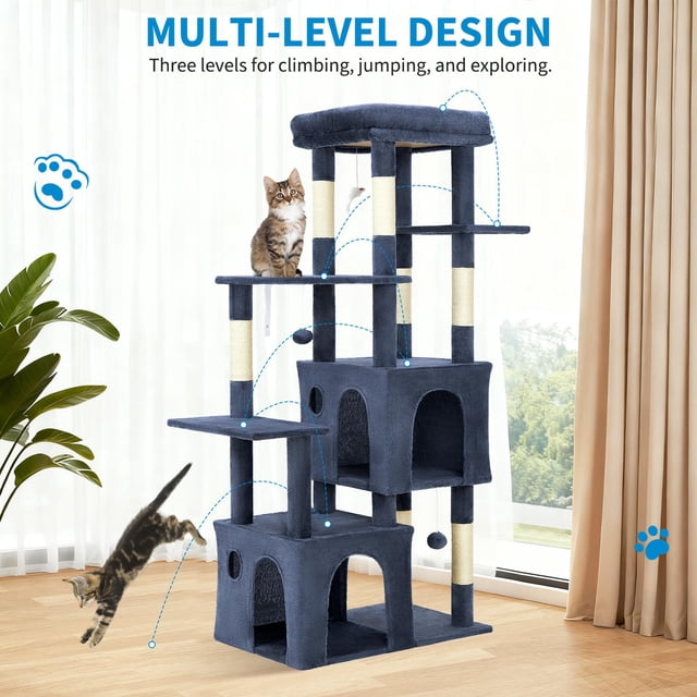 AKDSteel 61" Multi-Level Cat Tree Tower For Large Indoor Cats And Maine Coons, Sturdy Modern Cat Furniture With Jumbo Perch, 2 Spacious Condos, Durable Sisal Scratching Posts, And Hanging Play Balls
