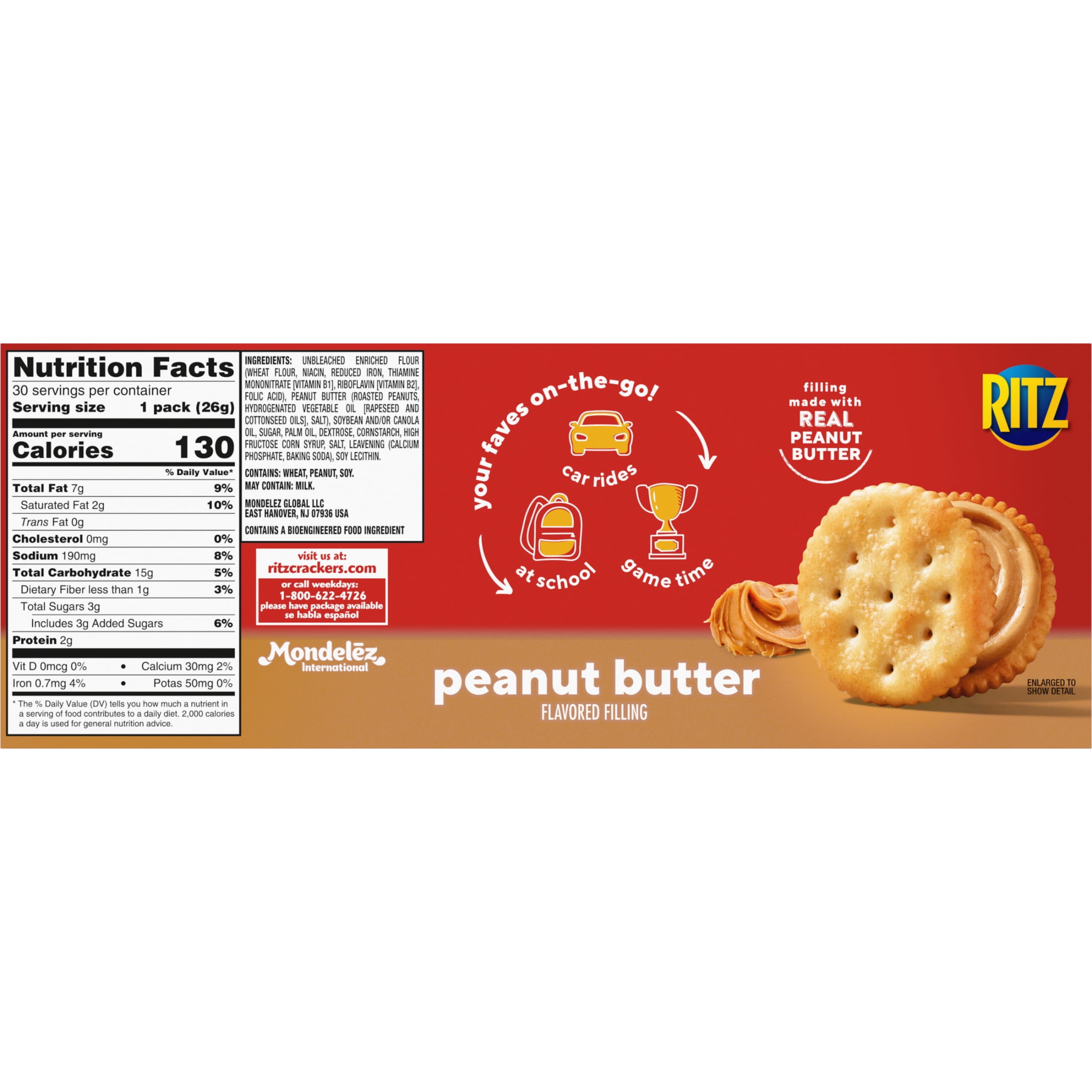 RITZ Peanut Butter Sandwich Crackers, Lunch Snacks, 30 Snack Packs (4 Crackers Per Pack)