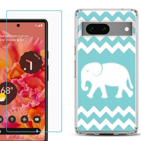 Slim-Fit Gel TPU Phone Case for Google Pixel 7, with Tempered Glass Screen Protector, by OneToughShield ® - Chevron/Elephant