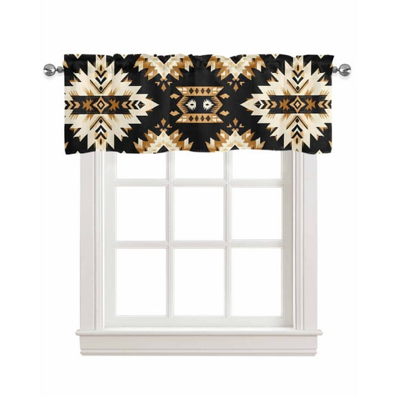 Southwestern Aztec Kitchen Valances for Windows Farmhouse Linen Window Valance Curtain for Living Room Window Treatment Retro National Style Brown Abstract Valance Rod Pocket Topper, 42 x 18 Inch