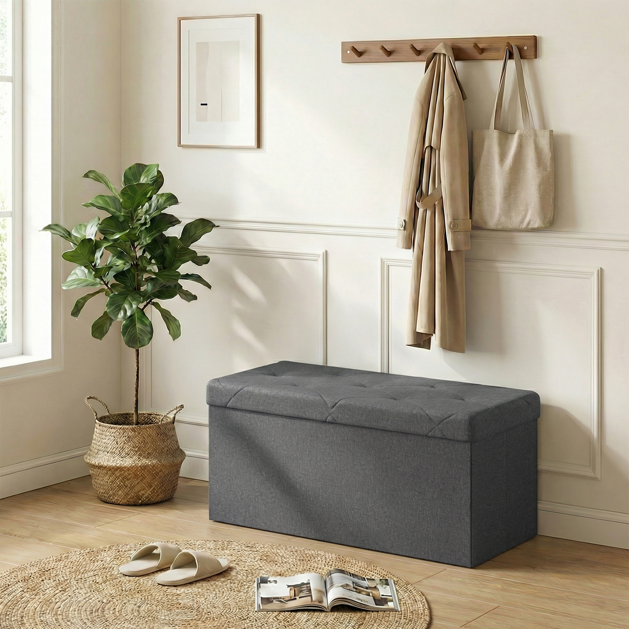 EDX 30" Folding Storage Ottoman Bench, Grey Linen photo 3
