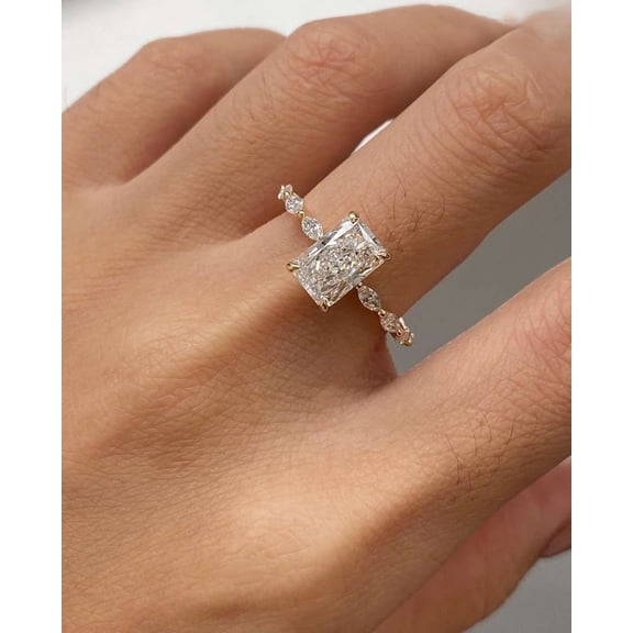 vylahjewellery Elegant Radiant Diamond Wedding Ring for Women 14K Vermeil Yellow Gold Anniversary Proposal Ring with Marquise Side Stone Engagement Ring