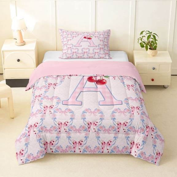 Manfei Pink Bow Flowers. Twin Comforter Sets,Girls Personalized Letter A Bedding Set,Pink Reversible,2pcs,1 Comforter and 1 Pillowcase