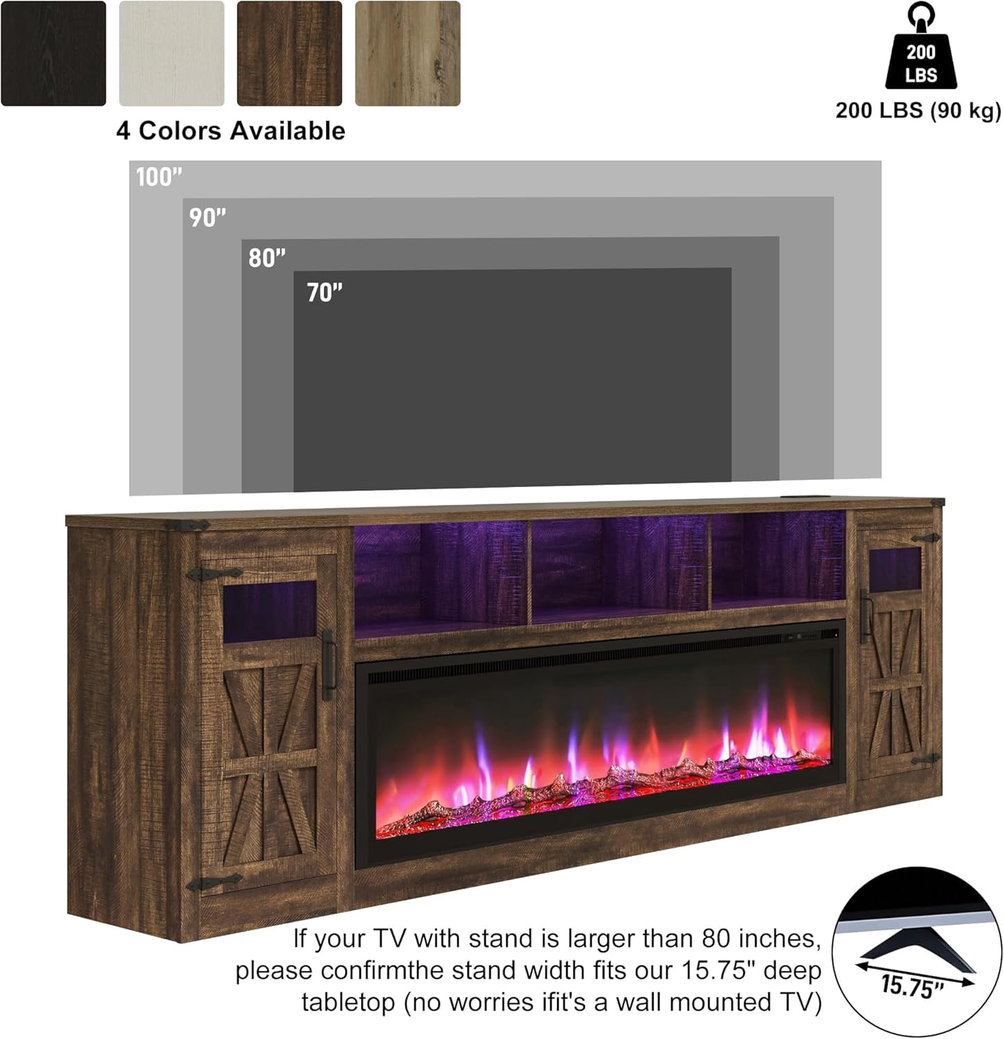 ChVans 95" Farmhouse Fireplace TV Stand for 90/100"TV with 60'' Electric Fireplace, LED Large Entertainment Center with Lights & Power Outlets & 2 Barn Doors Storage Cabinet for Living Room, Brown