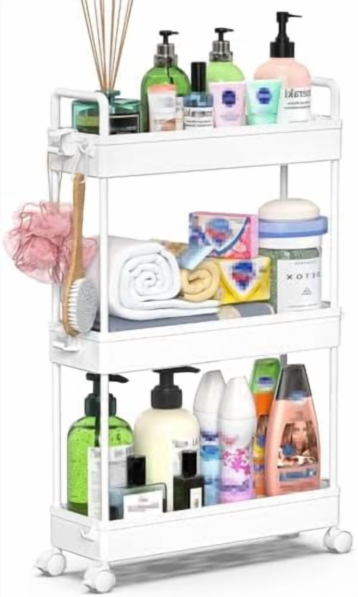 Slim Rolling Storage Cart with Wheels 3 Tier Skinny Bathroom Storage Organizer Thin Laundry Room Utility Cart Space-Saving for Bedside Kitchen Office Small Narrow Places, White