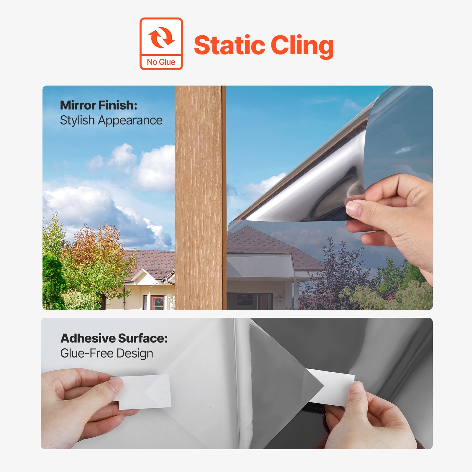 KFFKFF Privacy Window Film, Unidirectional Window Shade, Sunlight Mirror Reflection Heat Management Glass, Non-adhesive Sunlight Barrier, Transparent from Inside, Non-transparent from Outside