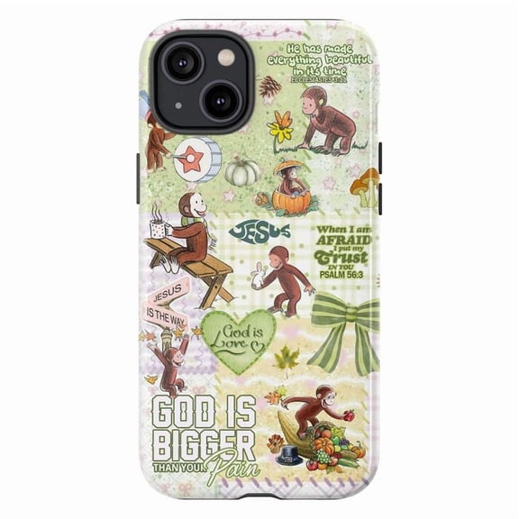 Curious Monkey Christian Phone Case, Fall Theme Bible Verse iPhone Cover with “God Is Bigger Than Your Pain” Quote, Faith Based Inspirational Design for iPhone 16 15 14 13 12 11 Pro Max Plus Mini