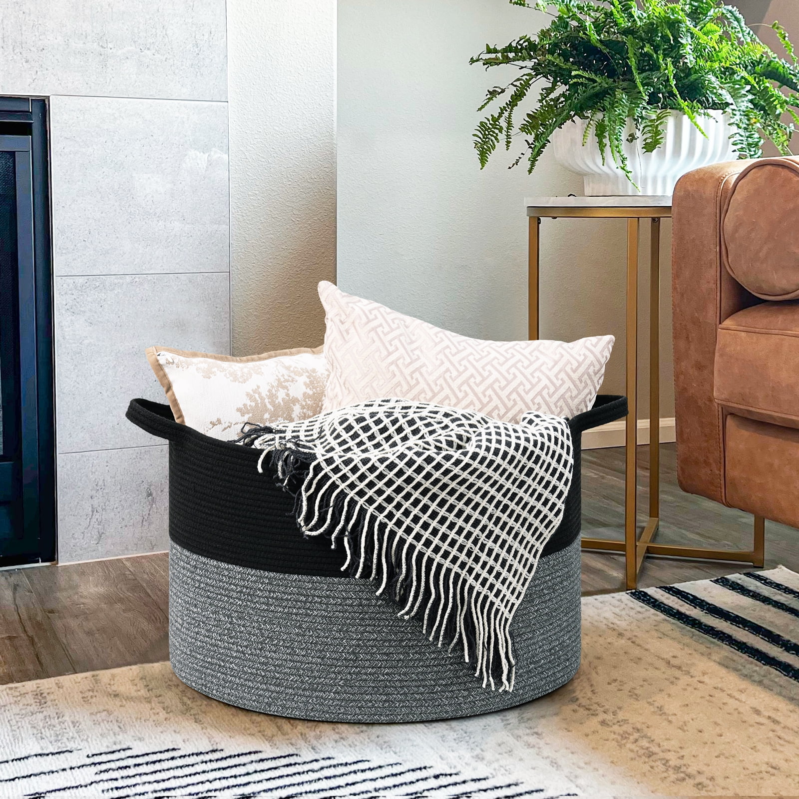 Timeyard Large Woven Laundry Hamper Basket - Decorative Storage Organizer for Living Room, Holds Toys Pillows Blankets Clothes - 21.7" x 21.7" x 13.8"-Black & Grey