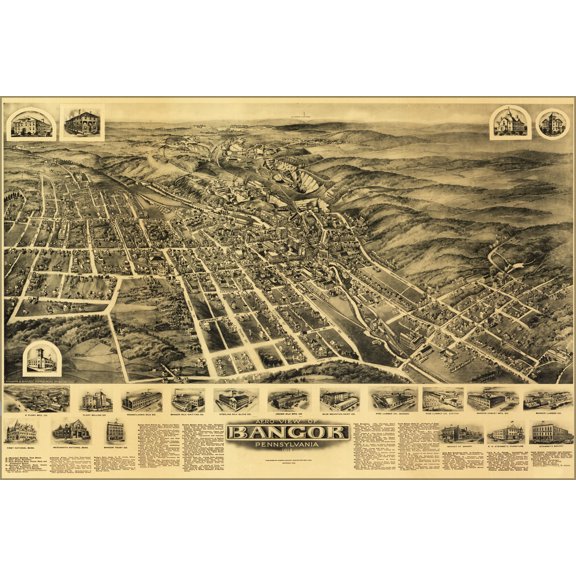 24"x36" Gallery Poster, Aero view map of Bangor, Pennsylvania 1918
