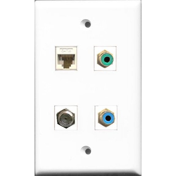 RiteAV 1 Port RCA Green and 1 Port RCA Blue and 1 Port Coax Cable TV- F-Type and 1 Port Cat6 Ethernet White Wall Plate