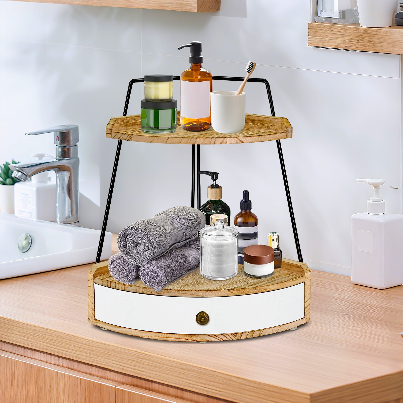 2 Tier Bathroom Counter Organizer, Wood Bathroom Organizer Countertop with Drawer, Corner Storage Shelf for Cosmetic Vanity Tray, Kitchen Spice Rack, Kitchen Organizer and Storage