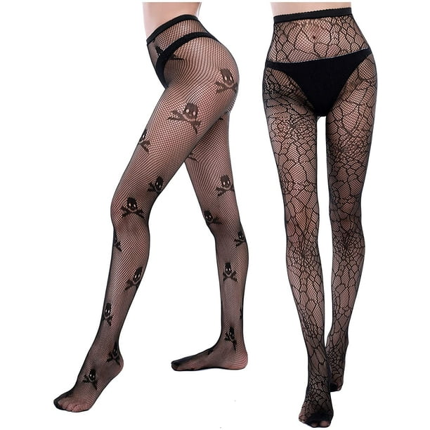 Halloween Fishnet Tights Pantyhose Stockings Spider Web Skull Tights, 2  Pairs 
