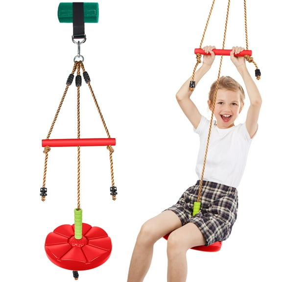 AGPTEK Disc Swing with Monkey Bars, Tree Swing Set Accessories Rope Disk Swing Seat with Carabiner and 22in Hanging Strap Heavy Duty Outdoor Playground (Red)