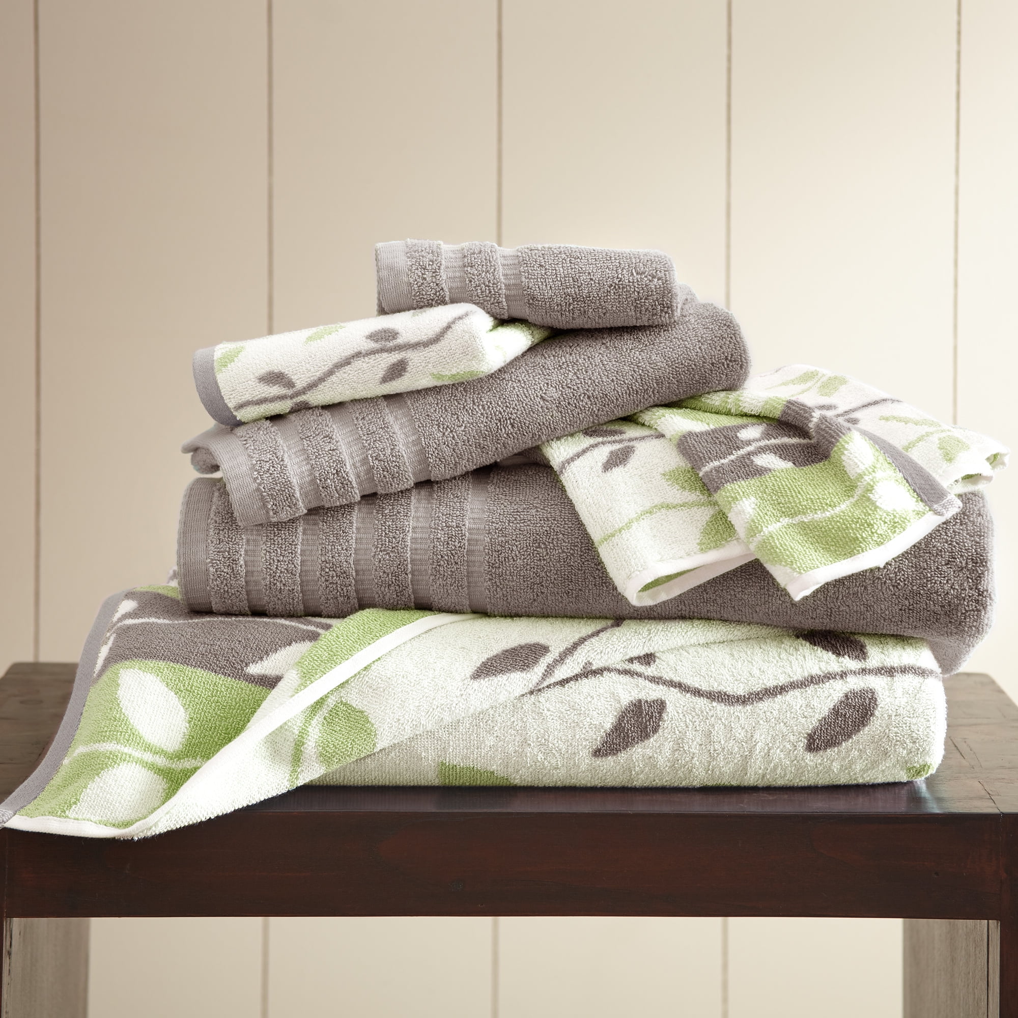 Modern Threads 6 Piece Organic Vines Cotton Bath Towel Set with Hand Washcloths Sage Green Walmart