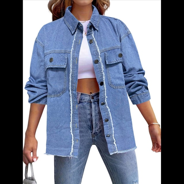 Chaqueta Vaquera Holgada para Mujer, Estilo Urbano, Vintage, con Solapa, Informal, de Larga Azul L