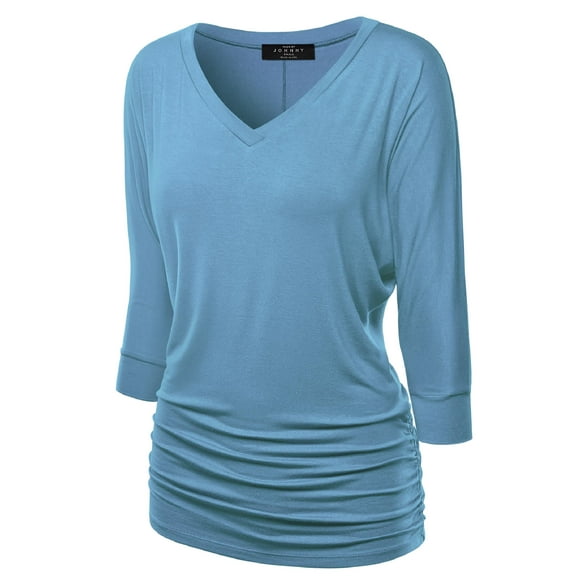 Made by Johnny Women's V-Neck 3/4 Sleeve Dolman Top with Side Shirring M DENIM