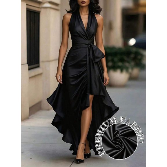 Womens Elegant Black Satin Halter High-Low Ruffle Evening Gown