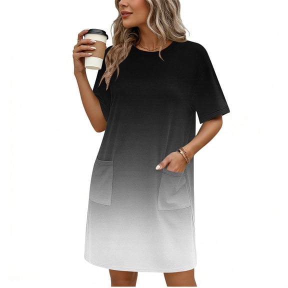 Ayolanni Crew Neck Summer Dresses for Women Gradient Color Short Sleeve T-Shirt Midi Dress Casual Loungewear Above Knee Daily Dress with Pockets Black L