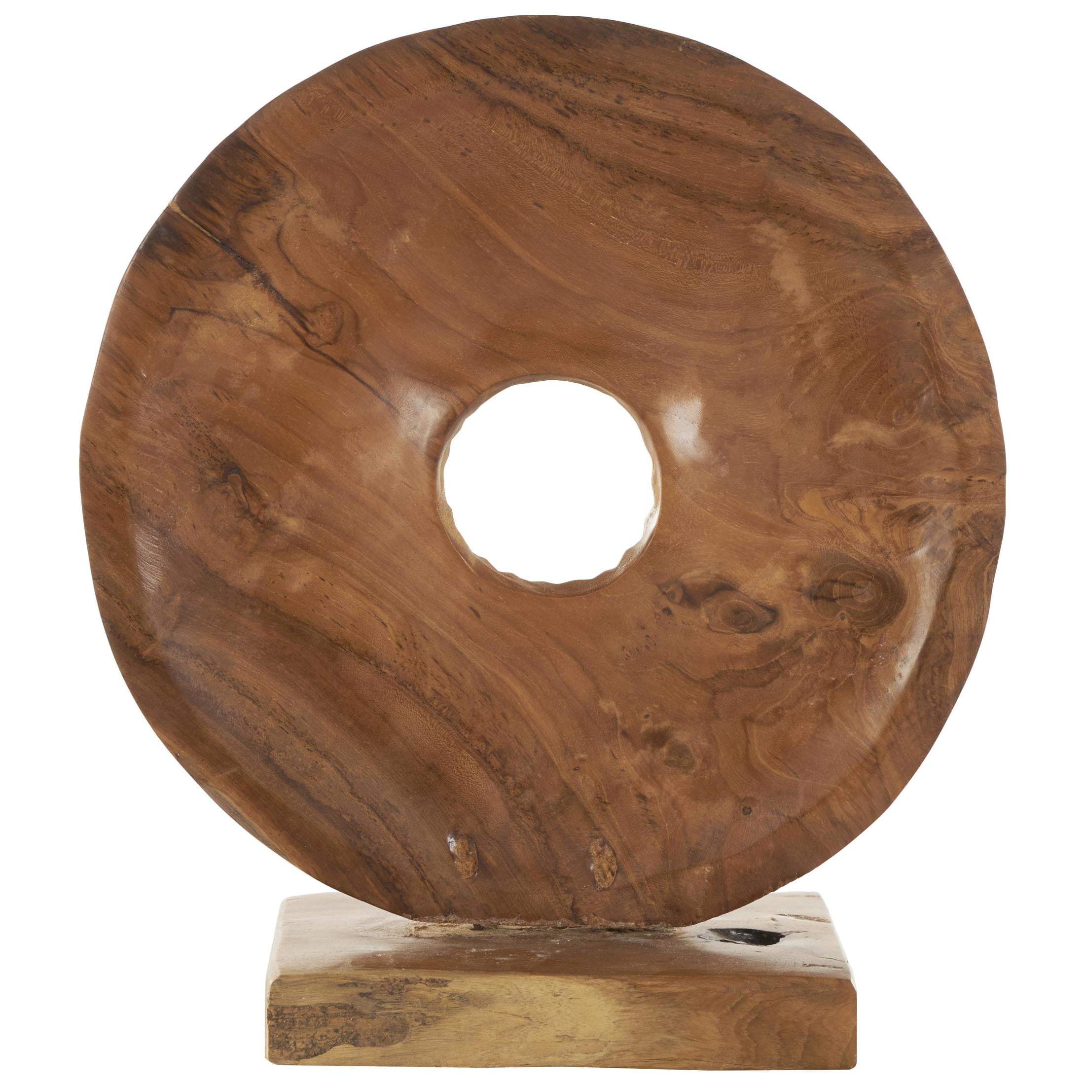 16" x 17" Brown Teak Wood Handmade Dimensional Circular Sun Sculpture with Center Cutout, by DecMode