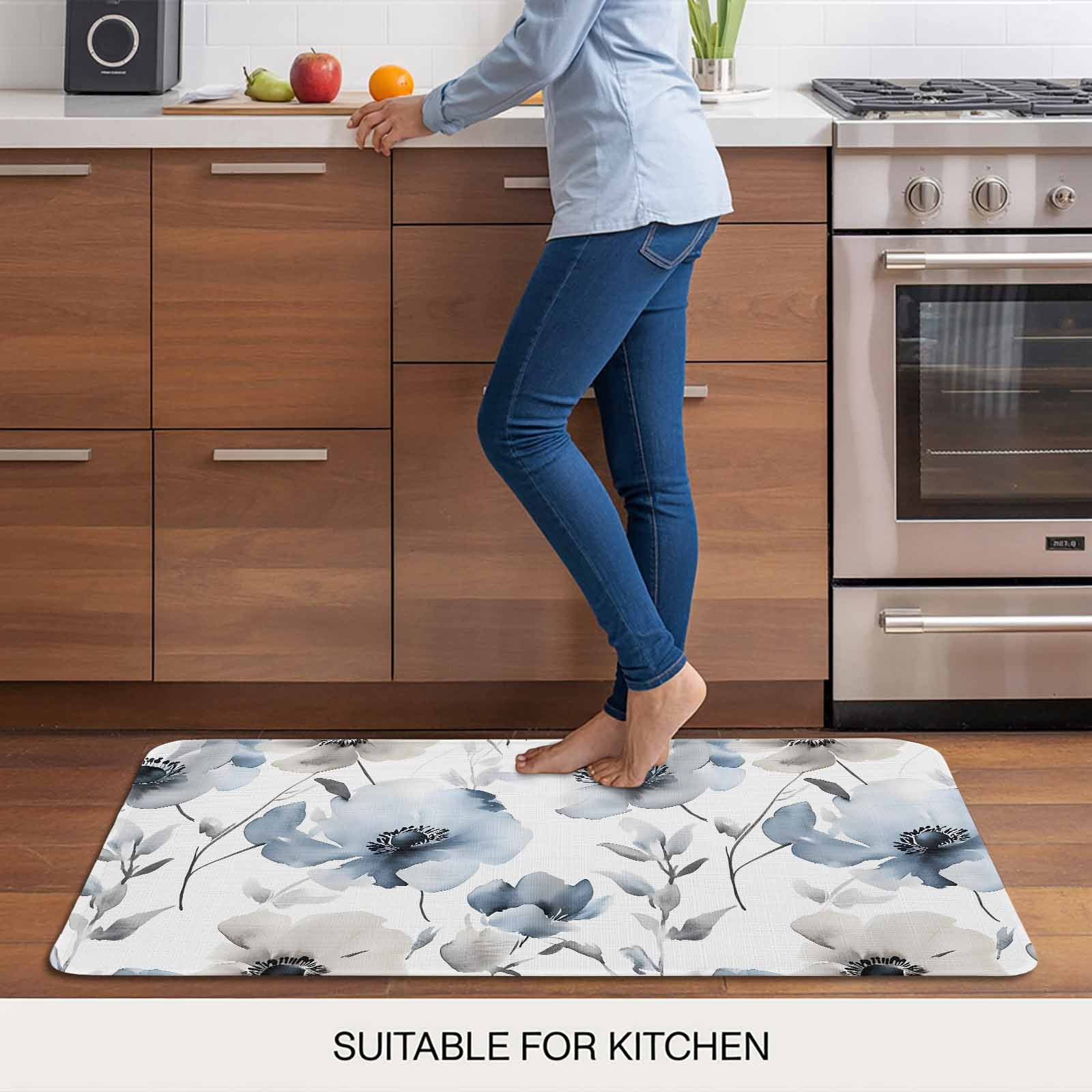 Blue Grey Spring Floral Doormat Outdoor Entrance 16"x24", Elegant Summer Botanical Absorb Moisture Dirt Door Mats, Non-Slip Rubber Backing Floor Mats Indoor, Low-Profile Front Door Rugs
