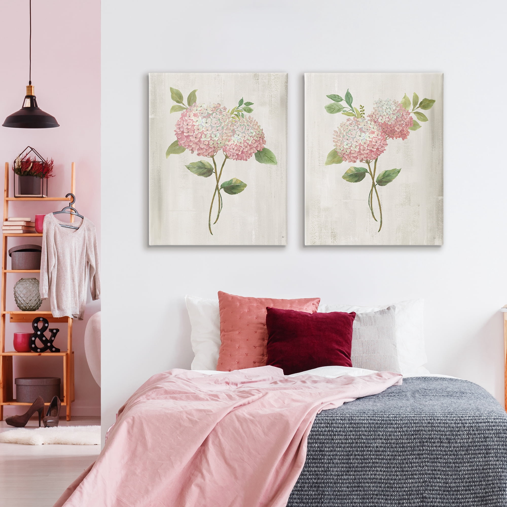 Stupell Industries Vintage Pink Hydrangea Pairs 2 Piece Canvas Wall Art Set, design by Nan