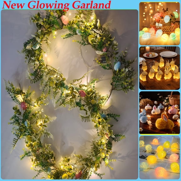 Dmlowu Easter Garland with Led Lights, Twinkling Artificial Garland Vine, 59" Easter Decorations Wreath String Lights for Wall Table Party Wedding Holiday - Battery Operated