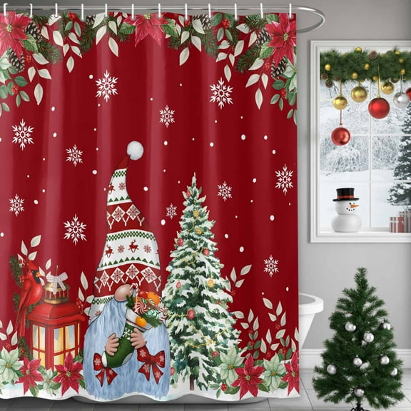 Christmas Shower Curtain Gnome Shower Curtains for Bathroom Winter Holiday Xmas Decor, Waterproof Polyester Shower Curtain Set with Hooks, Extra Long 72" x 96" Red Christmas Tree Poinsettia Balls