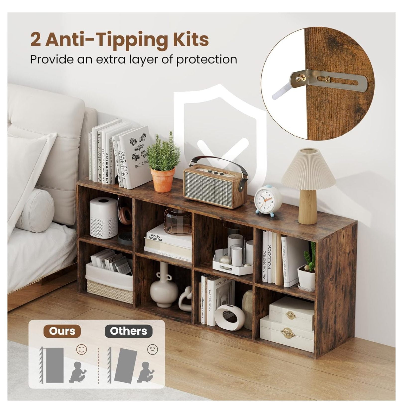 WDZS 8-Cube Bookcase, Floor Standing Bookshelf with Storage & 2 Anti-Tipping Kits, Open Storage Organizer, Cubby Wooden Book Shelf for Living Room, Study & Bedroom, Rustic Brown