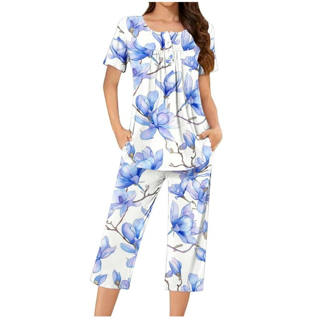 yoeyez Womens Pajama Sets 2 Piece Summer Floral Print Sleepwear Ladies Pjs Henley Neck Pleated Short Sleeve Tops and Capri Pant With Pockets Multicolor,L