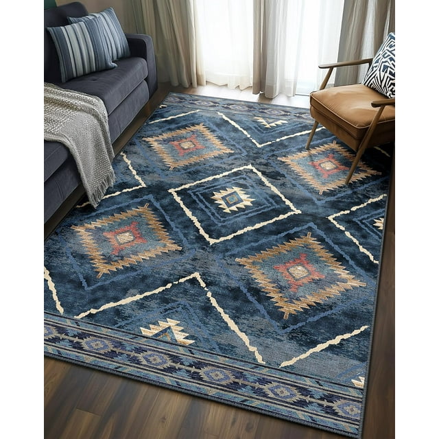 BESTSWEETIE Area Rug 4x6 for Living Room Southwest Washable Rugs Western Aztec Soft Low Pile Non Slip Print Pattern Indoor Carpet for Bedrooms Dining Room, Dark Blue