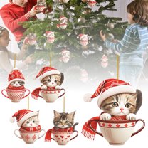 4 Pack Funny Cat Ornaments, Kitten Peeking from Cup, 3.1 inch, Acrylic Flat 2D Hanging Pendant, Creative Animal Decoration for Xmas Tree, Car Mirror Charm, Pet Lover Souvenir, Multicolor, Acrylic