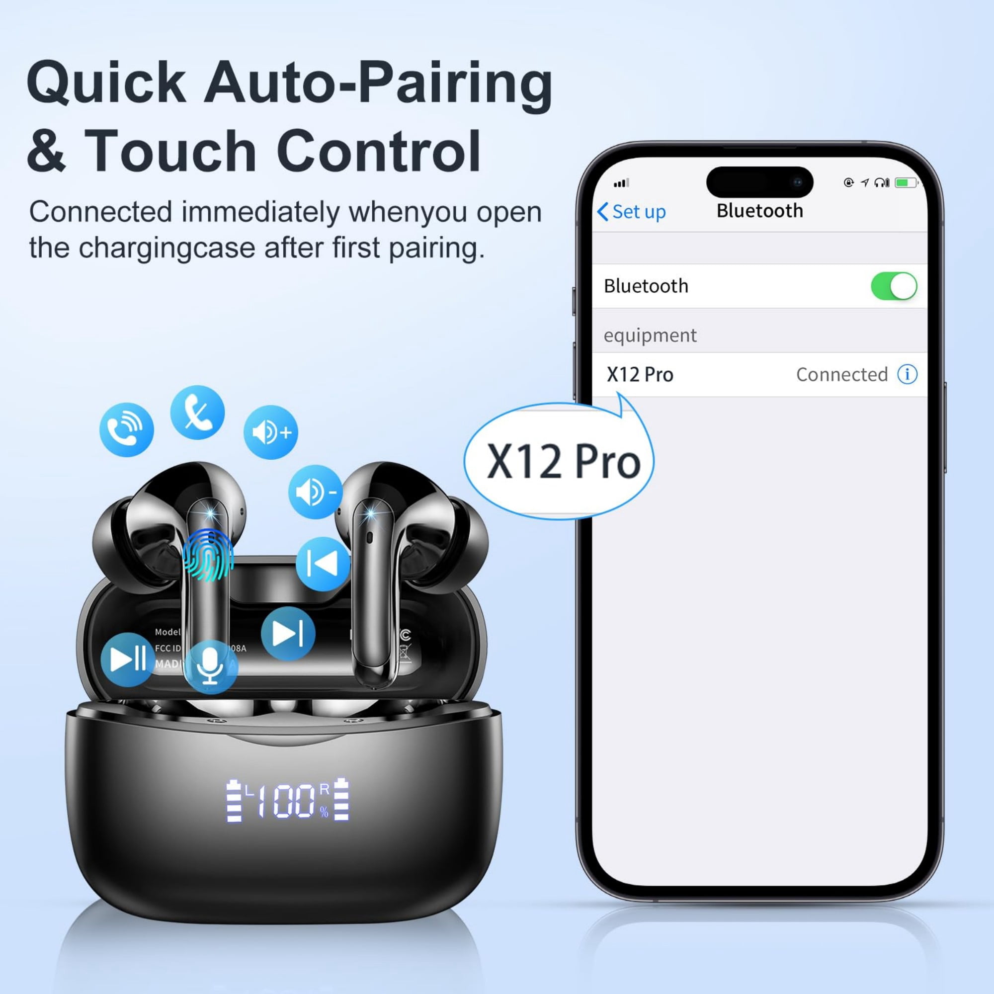 WeurGhy Earbuds Wireless Bluetooth Noise Cancelling for iPhone Android Sports Workout, 56H Playtime Waterproof LED Display in Ear Headphones, Black