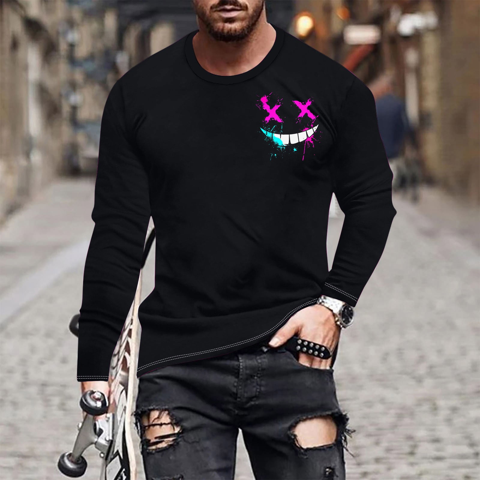 BEAUDRM Men's Oversized Letter Print T-Shirt - Drop Shoulder, Round Neck, Short Sleeve Pullover
