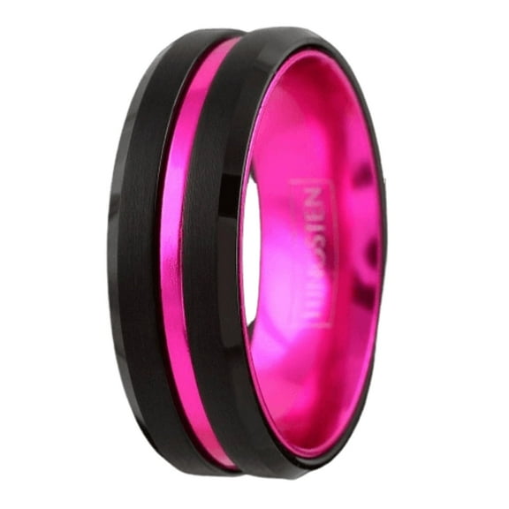 Mens Wedding Band 6mm Black Pink Stripe Ring for Men and Women