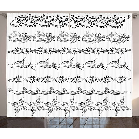 - Henna Curtains 2 Panels Set, Fantasy Spring Blossoms Abstract Display Traditional Borders Collection Monochrome, Window Drapes for Living Room Bedroom, 108W X 84L Inches, Black White, by Ambesonne