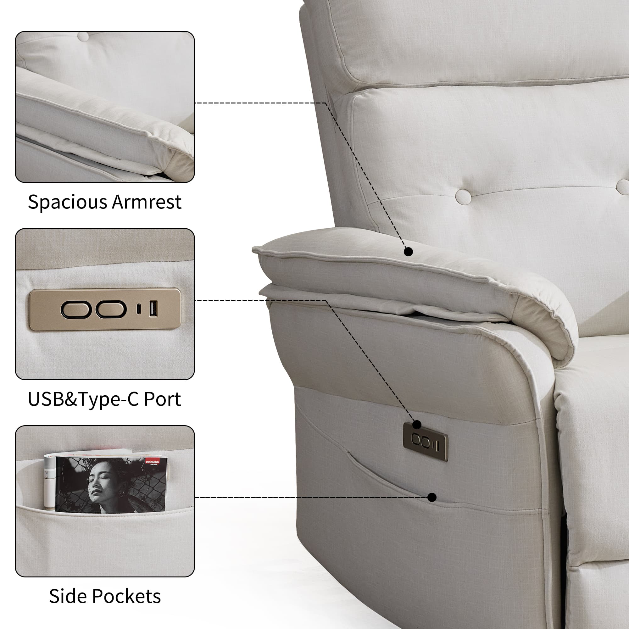 Korser Small Power Zero Gravity Recliner Chairs for Adults with USB&Type-C Ports for Living Room,Beige