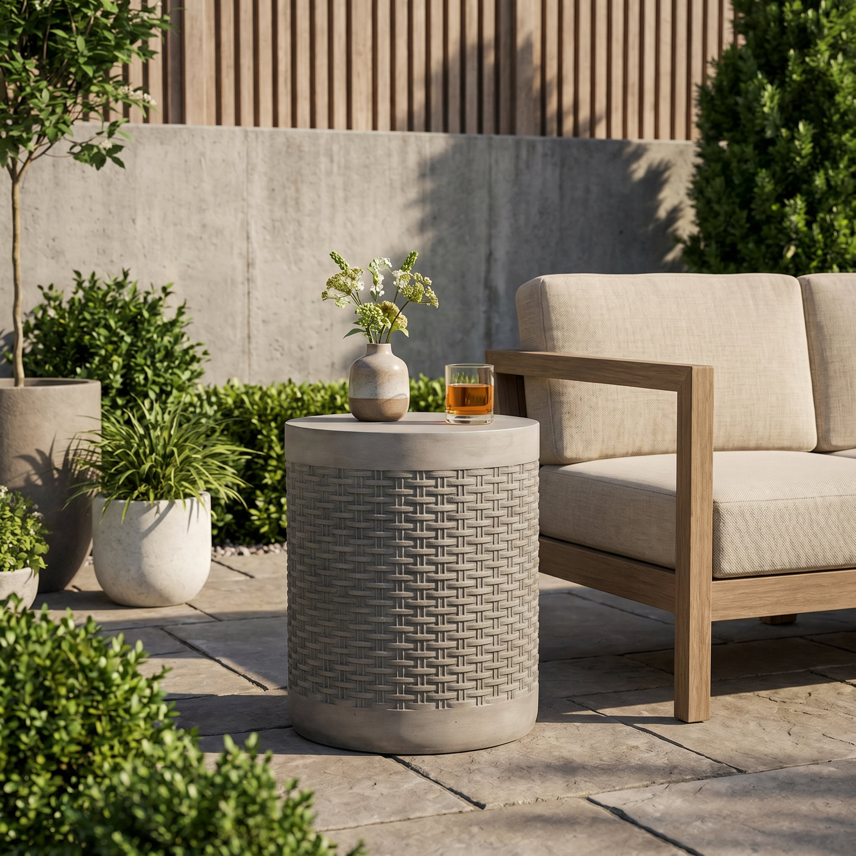 Outdoor Round End Table, Lightweight Concrete with Basket Weave Pattern for Patio Garden, White