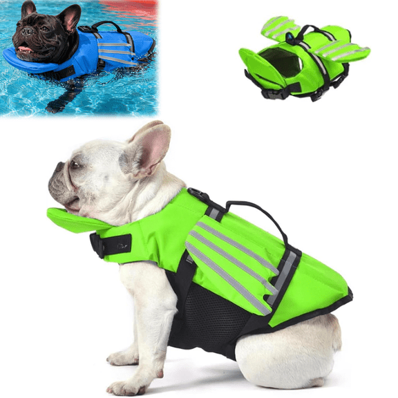 Dog Life Jacket High Buoyancy Wings Pet Swim Vest with Chin Float for Puppy Swimming Boating Reflective Adjustable Buckles Rescue Handle D Ring Breathable (Green,X-Small)