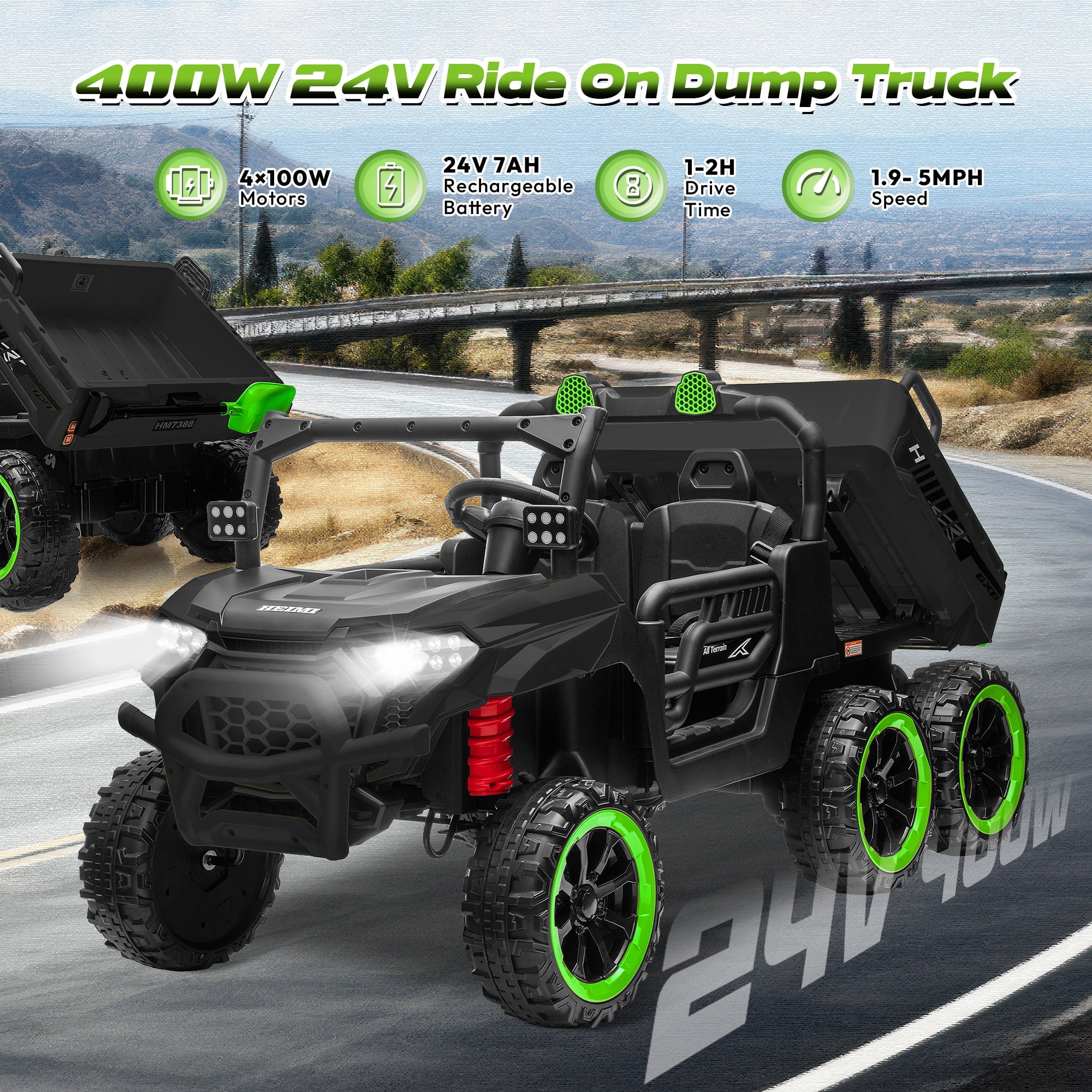 Letsgokid 24V 2-Seater Ride On Dump Truck with Remote Control, 4WD 6-Wheel Electric Car for Big Kids with Electric Dump Bed, 20in Seat, 400W Powerful Motor, LED Lights, Music, Ages 3+