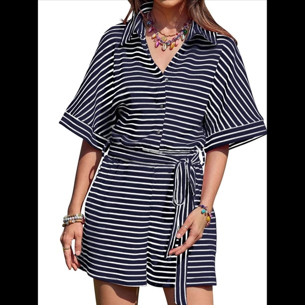Mono Corto Informal de Verano A Rayas para Mujer, de Corta, con Botones y Cinturón, con Cintura Elástica. Azul Oscuro S