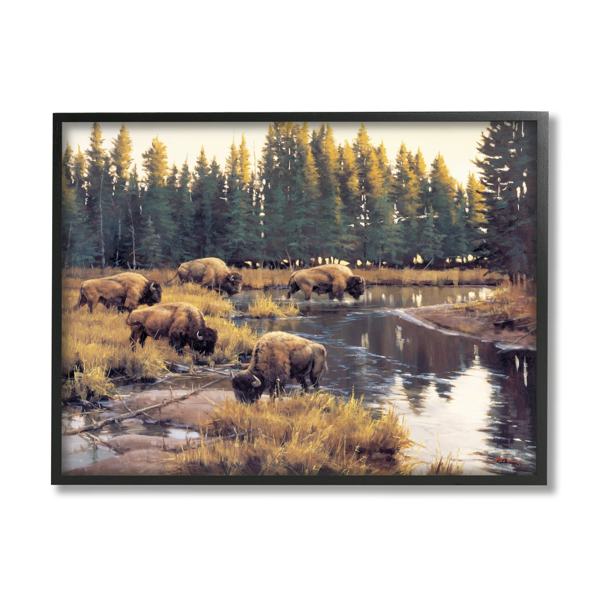Stupell Industries Bison Grazing Along Stream Animals & Insects Painting Gray Framed Art Print Wall Art