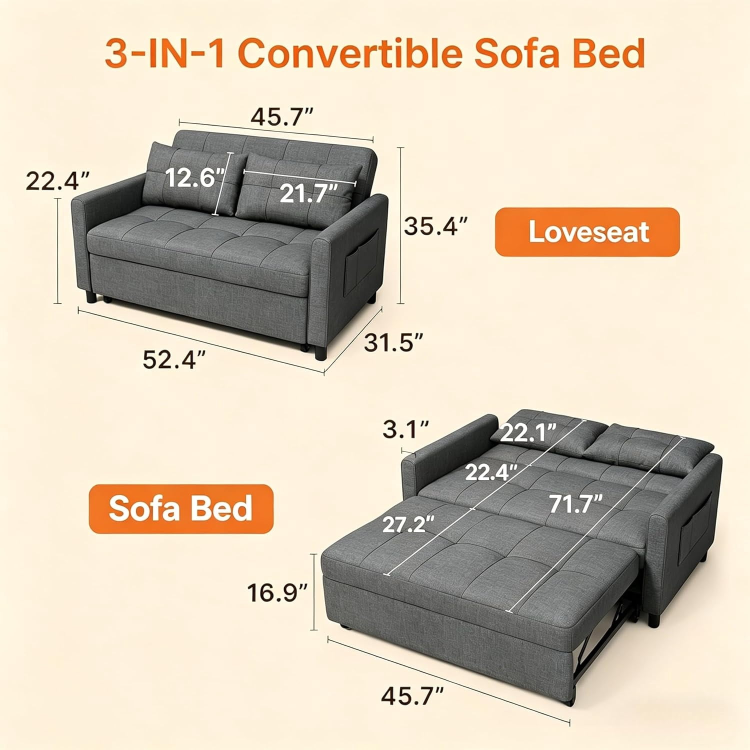 Sofa Bed,Asofer Pull Out Couch with Adjustable Backrest,3 in 1 Linen Fabric Futon Couches for Living Room Furniture,Dark Gray