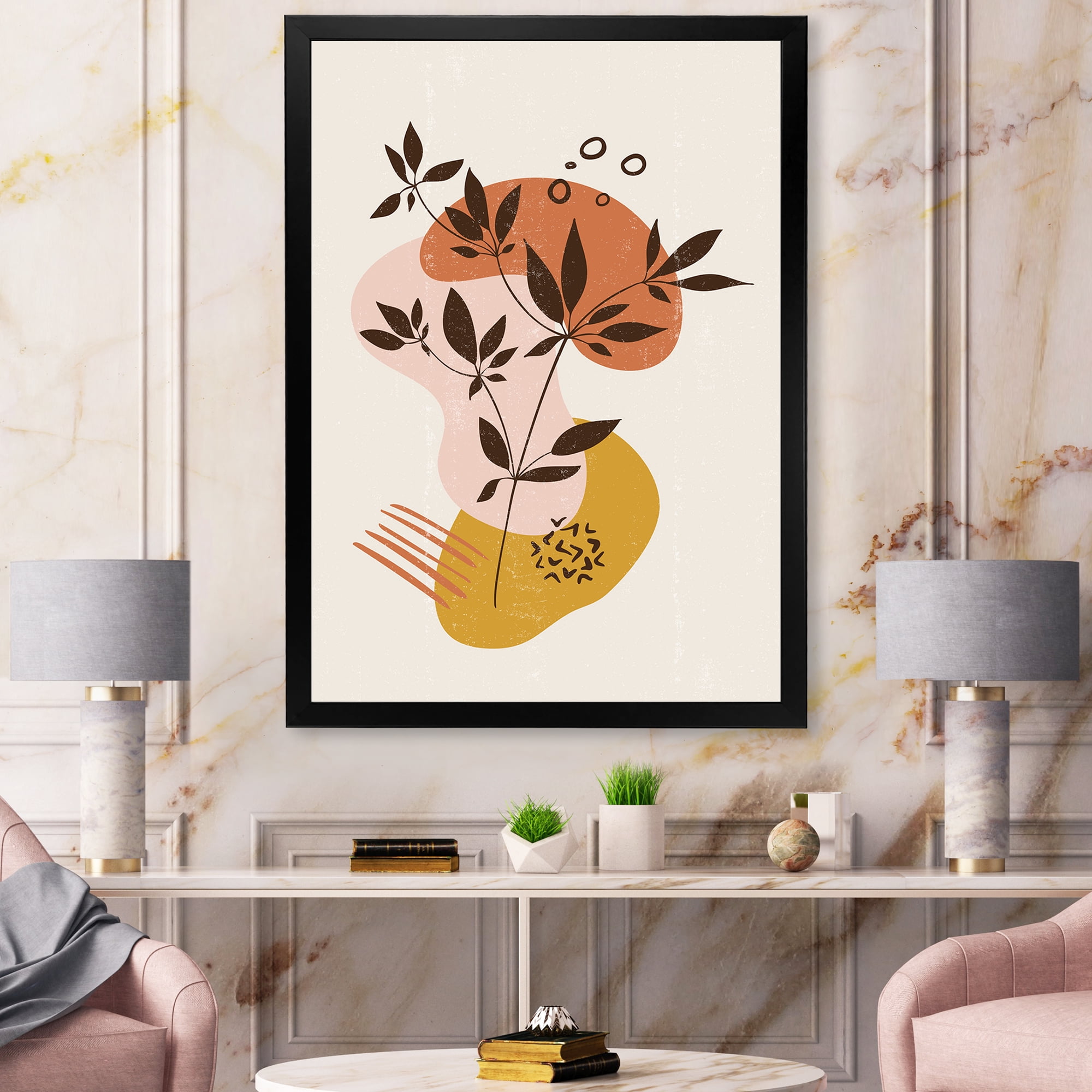 Designart 'Minimalist Shapes With Ancient Plant II' Modern Framed Art Print